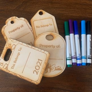 four set of property of and this belongs to laser engraved bag tags and four mrkers.
