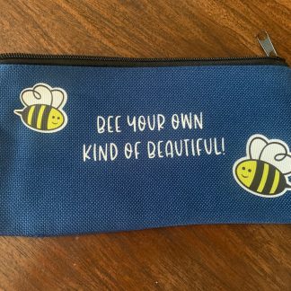 blue pencil case with bees and saying: bee your own kind of beautiful