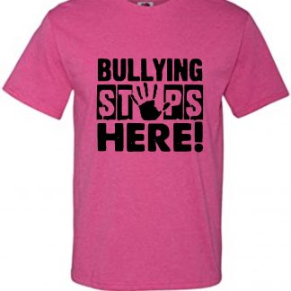 pink tshirt with the words 'bullying stops here' in black vinyl