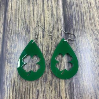 Green teardrop shaped earrings with clover cut out of the middle