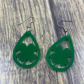 green teardrop shaped earring with green shamrock