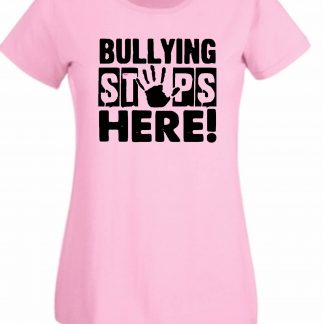 pink short sleeve tshirt with the words 'bullying stops here!' in black writing