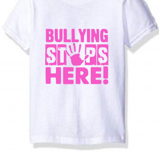 white tshirt with the words 'bullying stops here' in pink vinyl