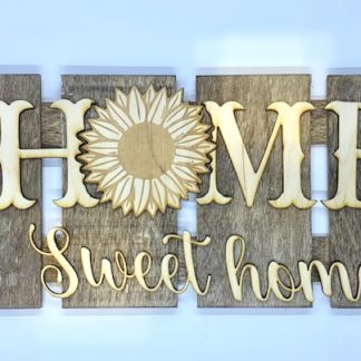 wooden pallet sign with the words 'Home, sweet home' in laser engraved wood