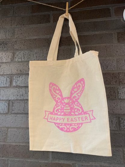 pink glitter decal 'Happy Easter' on tote bag t