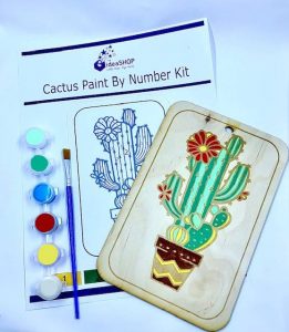 laser engrave wood frame with Cactus image, with paint, paint brushes and instructions
