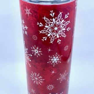 Red sublimation tumbler with white snowflake pattern