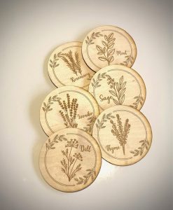 Wooden engraved coasters, with herb images 