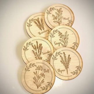 Wooden engraved coasters, with herb images