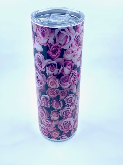 Sublimation tumbler with pink rose design