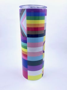 Sublimation tumbler with the LGBTQAI+ flag printed on it.