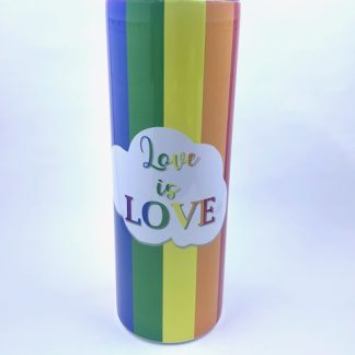 Sublimation tumbler with Rainbow design with love is love printed on it.