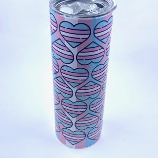Sublimation Tumbler with Transgender flag and hearts printed on it.