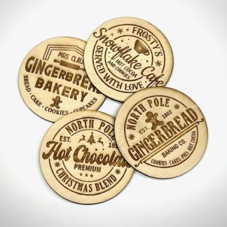 Laser engraved wooden coaster with vintage gingerbread and hot chocolate logos on them.