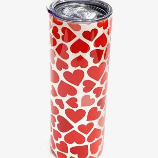 20 oz metal tumbler with red and pink heart sublimation pattern on it.