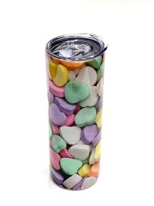 20 oz metal tumbler with candy heart image sublimated on it.