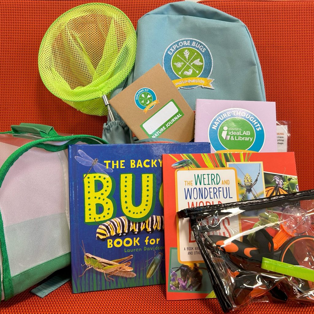 Explore Bugs Kit : Backpack for kids kit.
Includes 2 books (The Weird and Wonderful World of Bugs by Rea Mandarino ; The Backyard Bug Book for Kids by Lauren Davidson), 1 bug house, 1 butterfly net, 1 magnifying glass, 1 "Nature Thoughts" journal, 1 nature journal (to keep), 1 backpack. 