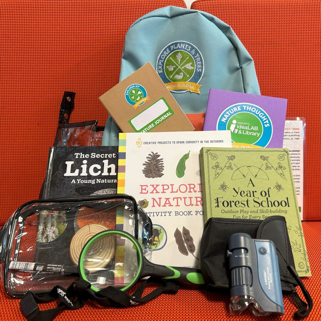 Explore Plants & Trees Kit : Backpack for kids kit. Includes 3 books (Exploring Nature by Kim Andrews ; The Secret World of Lichens by Troy McMullin ; A Year of Forest School by Water by Jane Worroll & Peter Houghton), 1 handheld microscope, 1 magnifying glass, 1 large crayon and wood circle in case, 1 nature journal (to keep), 1 backpack. 