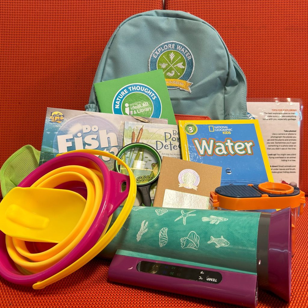 Explore Water Kit : Backpack for kids kit. Includes 3 books (Do Fish Fart? by Mr. Farting ; Be a Pond Detective by Peggy Kochanoff ; Water by Melissa Stewart), 1 underwater viewer, 1 catch & release container, 1 collapsible bucket & shovel, 1 "Nature Thoughts" journal, 1 nature journal (to keep), 1 backpack. 