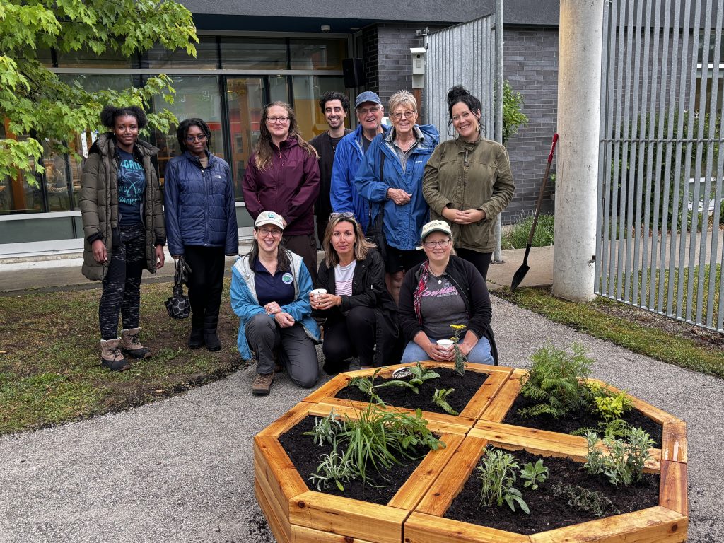 a group of volunteers standing behind the freshly planted garden